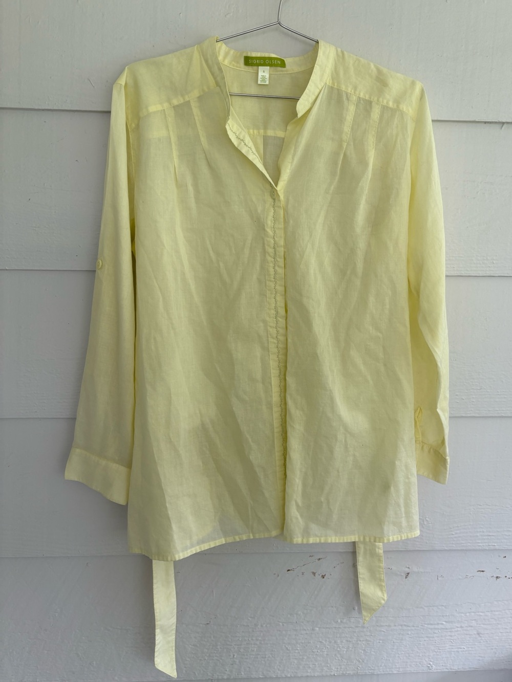 Sigrid Olsen Yellow 100% Cotton Tie Waist Tunic Blouse Size Small